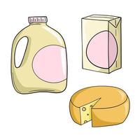 un' impostato di colorato icone, latteria prodotti, formaggio e latte pacchi, vettore illustrazione nel cartone animato stile su un' bianca sfondo