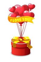 mazzo rosso a forma di cuore palloncini con regalo scatola per san valentino giorno. vettore illustrazione carino palloncini con dichiarazioni di amore iscrizione.