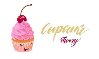 disegno di un' carino Cupcake con rosa crema e ciliegia vettore