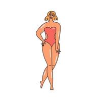 ragazza nel un' costume da bagno, estate spiaggia vacanza. donna a il mare. corpo positività e amore per se stessi. bellissimo le persone. scarabocchio stile illustrazione vettore