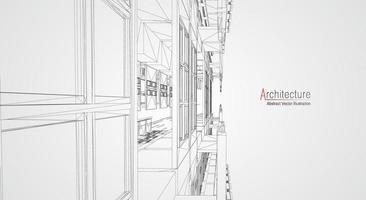 architettura linea sfondo. edificio costruzione schizzo vettore astratto. moderno città 3d progetto. tecnologia geometrico griglia. filo planimetria Casa. digitale architetto innovazione wireframe.