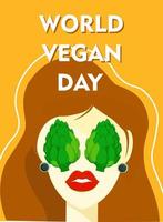 piatto vettore illustrazione di un' vegano manifesto con un' allegro donna per mondo vegano giorno. mondo vegetariano giorno per sociale media inviare, cartolina, striscione, saluto carta.