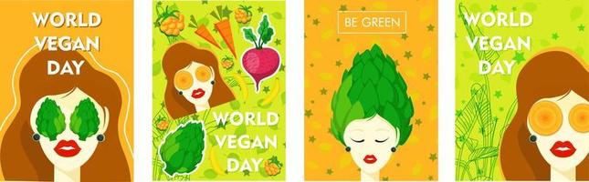 piatto vettore illustrazione di un' vegano manifesto con un' allegro donna per mondo vegano giorno. mondo vegetariano giorno per sociale media inviare, cartolina, striscione, saluto carta.