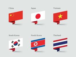 Asia Cina Giappone Sud Corea bandiere 3d piegato nastro forme vettore