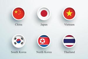 Asia bandiera impostato il giro 3d pulsante cerchio icone vettore