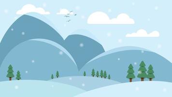 inverno colline, valli, montagne e pini paesaggio sfondo con nevicata. vettore