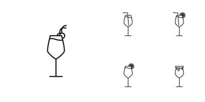 cinque imposta di bianca vino bicchiere linea icone. con un' cannuccia, Limone e ciliegia. semplice, linea, silhouette e pulito stile. nero e bianca. adatto per simboli, segni, icone o loghi vettore