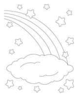 scena con arcobaleno, nuvola e stelle. pagina del libro da colorare per bambini. personaggio in stile cartone animato. illustrazione vettoriale isolato su sfondo bianco.
