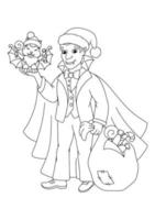 conte dracula con i regali di natale. pagina del libro da colorare per bambini. personaggio in stile cartone animato. illustrazione vettoriale isolato su sfondo bianco.