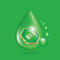 il a forma esagonale verde-oro vitamina b12 logo distintivo è posto su il acqua far cadere lato. vettore