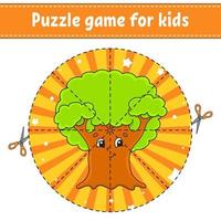 tagliare e giocare a. il giro puzzle. logica puzzle per bambini. attività pagina. taglio pratica per scuola materna. cartone animato carattere. vettore illustrazione.