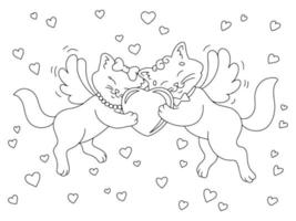 carino coppia di gatti con Ali. colorazione libro pagina per bambini. cartone animato stile carattere. vettore illustrazione isolato su bianca sfondo. San Valentino giorno.