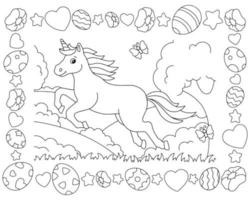 un' allegro unicorno salti attraverso il radura. Pasqua telaio. colorazione libro pagina per bambini. cartone animato stile carattere. vettore illustrazione isolato su bianca sfondo.