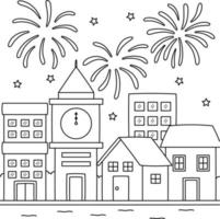 nuovo anno fuochi d'artificio colorazione pagina per bambini vettore