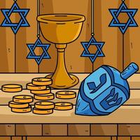 hanukkah dreidel, monete e calice colorato vettore