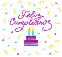 felice Cumpleanos lettering su compleanno con torta e carino ghirigori vettore