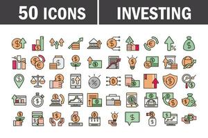 linea di business economica e di investimento e pacchetto di icone di colore di riempimento vettore