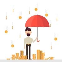 uomo d'affari con l'ombrello sotto una pioggia di monete vettore