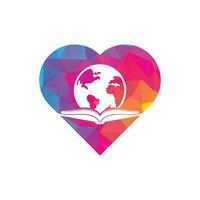 mondo libro cuore forma concetto logo design vettore. formazione scolastica globo logo. globo con libro icona design. vettore