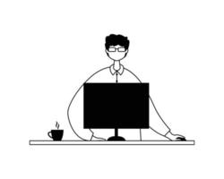 vettore illustrazione di un' maschio ufficio lavoratore Lavorando a un' scrivania con un' computer. schema