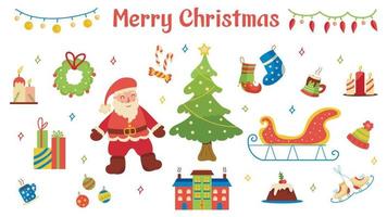 Natale e nuovo anno impostato su un' bianca sfondo. collezione di piatto vettore illustrazioni con Santa claus, Natale albero, regalo, candele, caramelle, pattini, Natale calzini, cacao, torta, slitta.