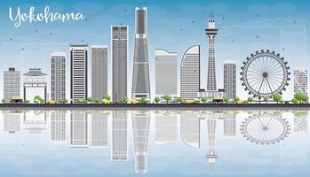 Yokohama orizzonte con grigio edifici, blu cielo e riflessi. vettore