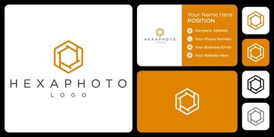 design del logo di fotografia esagonale con modello di biglietto da visita. vettore