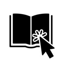 in linea biblioteca applicazione silhouette icona. topo pointer con Aperto e-libro. elettronico libro per formazione scolastica e apprendimento. scelta e Scarica in linea libro. vettore isolato illustrazione.