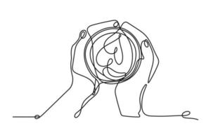 singolo continuo linea disegno di mani Tenere caffè. caffè bevanda concetto Schermo per caffè negozio. uno linea disegnare design illustrazione. vettore. vettore