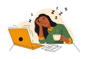 africano americano donna è stanco di Lavorando su un' il computer portatile. il ragazza vuole per dormire. lei detiene un' tazza di caffè nel sua mani e cascate addormentato. vettore illustrazione su il tema di occhio Salute e fatica.