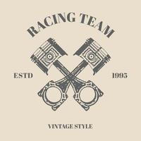 logo attraversato pistoni mano disegnato illustrazione con retrò Vintage ▾ stile di motociclo riparazione servizio etichetta con iscrizioni e attraversato pistoni isolato vettore illustrazione modello design