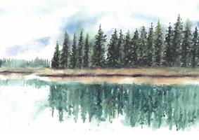 riflessione di bellissimo pino alberi nel lago acquerello vettore
