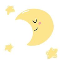 carino mano disegnato kawaii Luna e stelle nel cartone animato piatto stile. vettore illustrazione di bambini icone con contento viso per manifesto, tessuto Stampa, carta, bambini abbigliamento