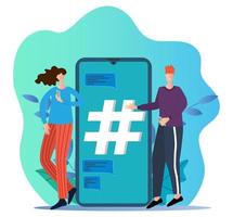 piatto vettore illustrazione.persone siamo in piedi Il prossimo per un' smartphone con un' hashtag firmare.il concetto di sociale reti.