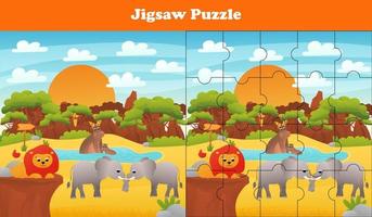 cartone animato vettore illustrazione di educativo sega puzzle gioco per prescolastico bambini con divertente Leone, elefante