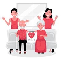 assicurazione sanitaria coppia di anziani sul divano, giovani dietro vettore