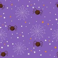 Halloween carino ragno su ragnatela senza soluzione di continuità modello, vacanza bambini design nel cartone animato stile. silhouette decorato con stelle, semplice. vettore illustrazione