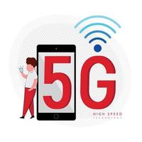 Tecnologia del segnale 5g con uomo appoggiato al telefono vettore