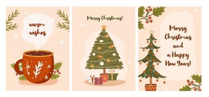 impostato di Natale saluto carta design. retrò natale modello collezione per cartolina, volantino, saluto carta. piatto vettore nuovo anno illustrazione