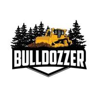 bulldozer emblema logo con albero e montagna tema vettore