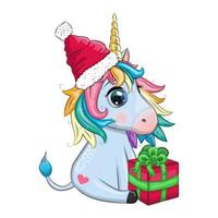 carino cartone animato unicorno nel Santa cappello con regalo, Natale sfera, caramella kane. nuovo anno e Natale vacanza vettore