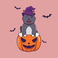 carino gatto seduta su Halloween zucca indossare strega cappello vettore