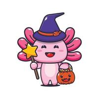 carino strega Axolotl nel Halloween giorno. carino Halloween cartone animato illustrazione. vettore