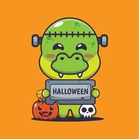 carino zombie dino Tenere Halloween saluto pietra. carino Halloween cartone animato illustrazione. vettore