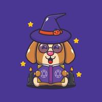 carino strega cane lettura sillabare libro. carino Halloween cartone animato illustrazione. vettore