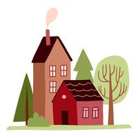 mano disegnato paesaggio con carino piccolo case, alberi e cespuglio. colorato accogliente edifici con Fumo a partire dal camino vettore