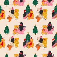 senza soluzione di continuità modello con impostato di tre ragazze quello siamo si siede con un' orsacchiotto orso avvolto nel un' ghirlanda vicino il Natale albero. vettore nel cartone animato stile.