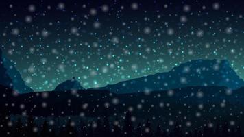 paesaggio notturno con montagne all'orizzonte e fiocchi di neve vettore