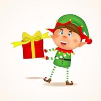 gioioso, elfo di Natale dei cartoni animati che tiene un regalo vettore