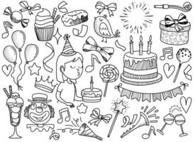impostato di scarabocchio cartone animato oggetti e simboli su il compleanno festa. vettore